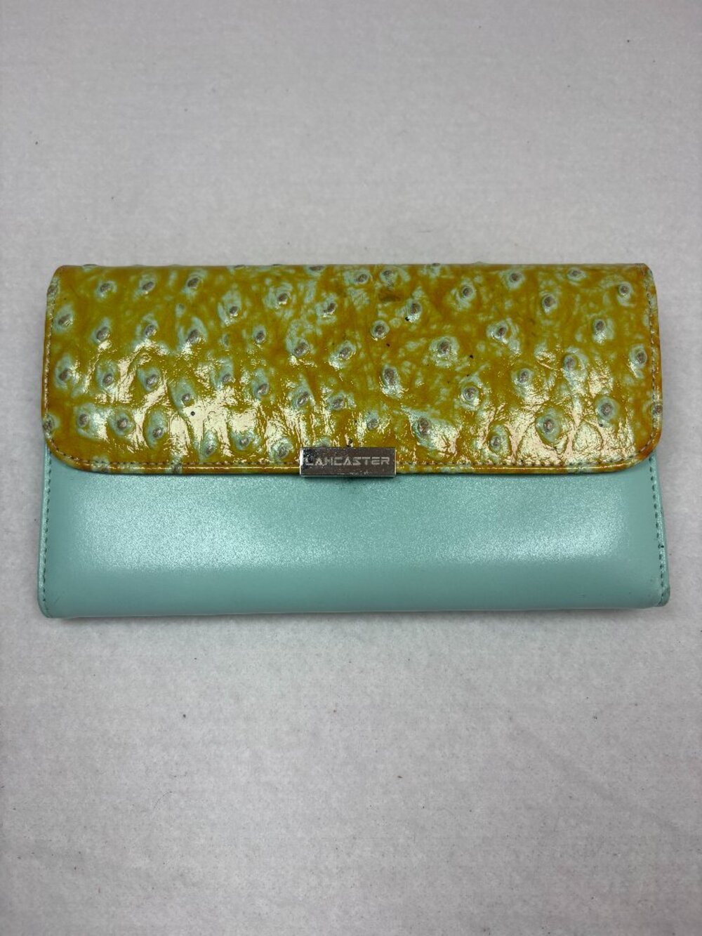 Lancaster Paris Ostrich Texture Flap Leather Long Wallet Mint Yellow Retro Pop